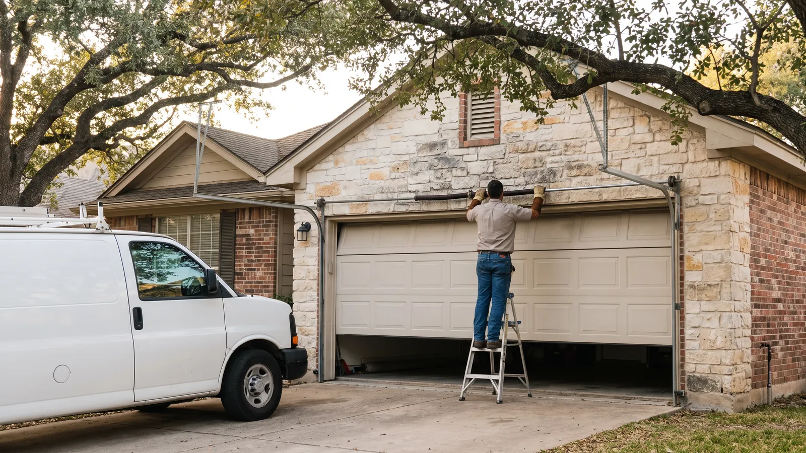 Garage door technician on a step ladder winding a torsion spring above the open two-car garage of a limestone-and-brick one-story home in Austin, Texas, a white service van in the driveway and a live oak shading the street