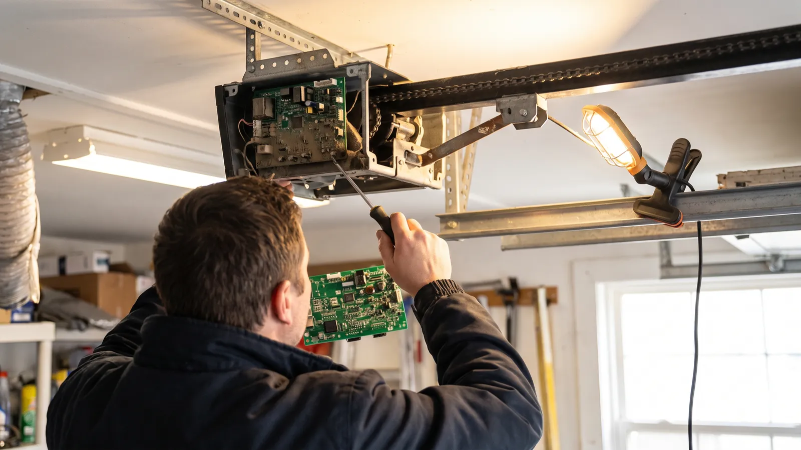 Technician with the cover off a ceiling-mounted chain-drive garage door opener, replacing the green logic board with a screwdriver, work light clipped to the rail