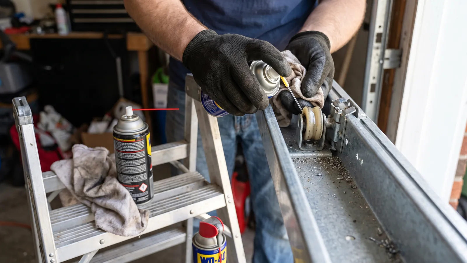 Gloved hands applying lubricant to a nylon roller and hinge on a galvanized garage door track during a tune-up, a rag and spray can resting on the step ladder