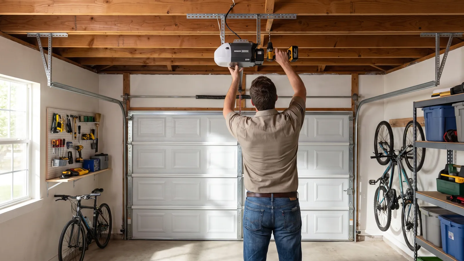 New belt-drive garage door opener with a battery backup pack being mounted to the ceiling of a tidy Austin garage, the rail already bolted to the header above the door