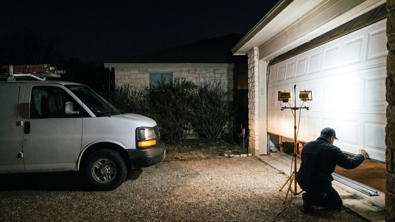 Garage door service van parked in the driveway of a Texas home after dark, headlights and a work lamp lighting a door stuck halfway open while a technician checks the track